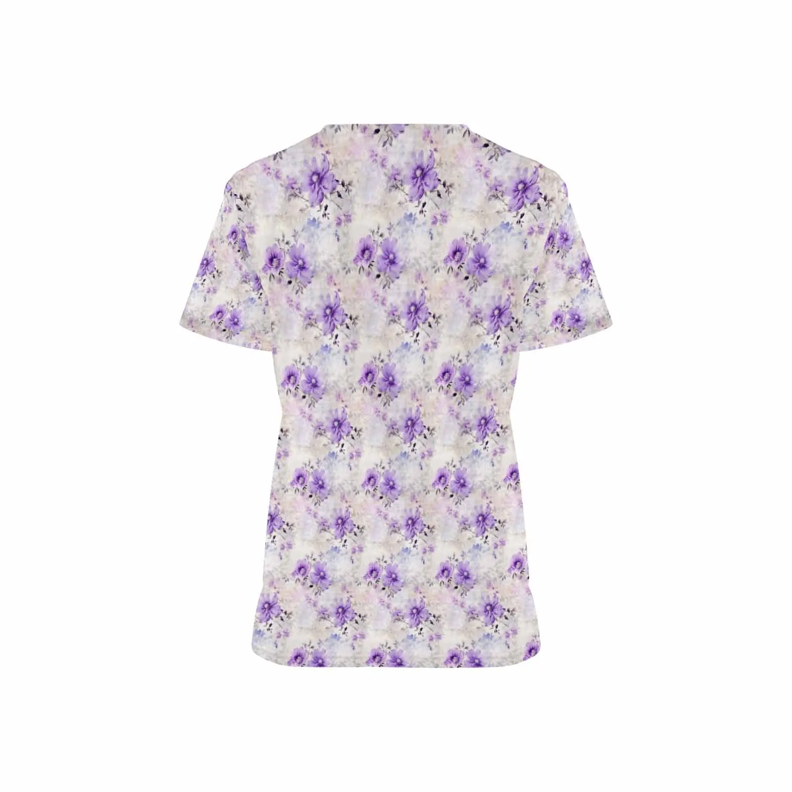 Purple Floral  Women's V Neck Scrub Top Nurse Uniform with Deep Front Pockets