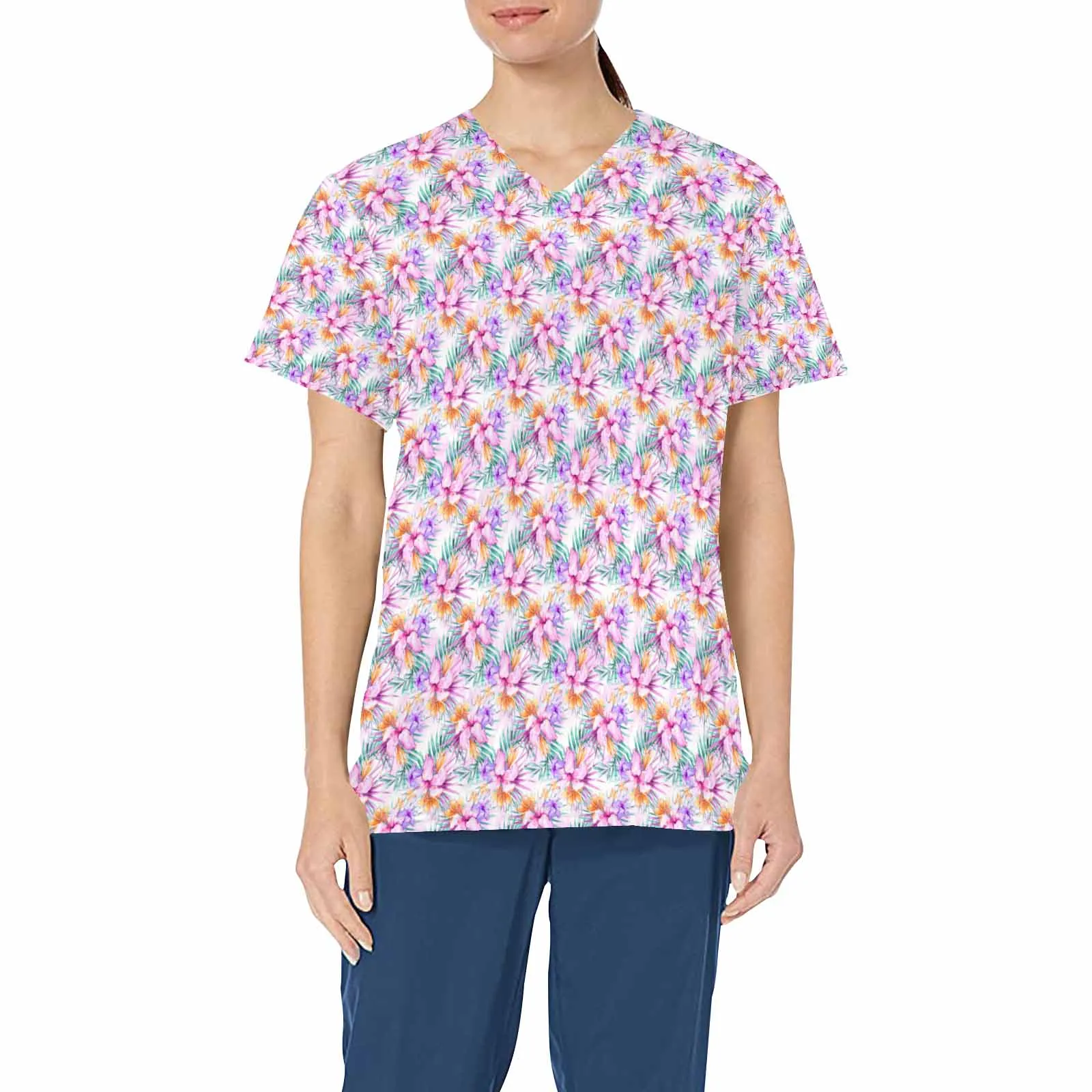 Purple Hibiscus and Leaves  Women's V Neck Scrub Top Nurse Uniform with Deep Front Pockets