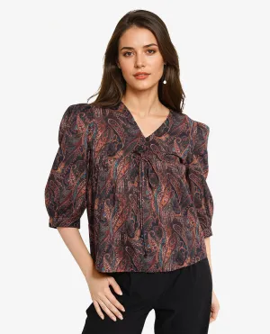 Rareism Women Cyak Multi Puff Sleeves V-Neck Button Paisley Print Top