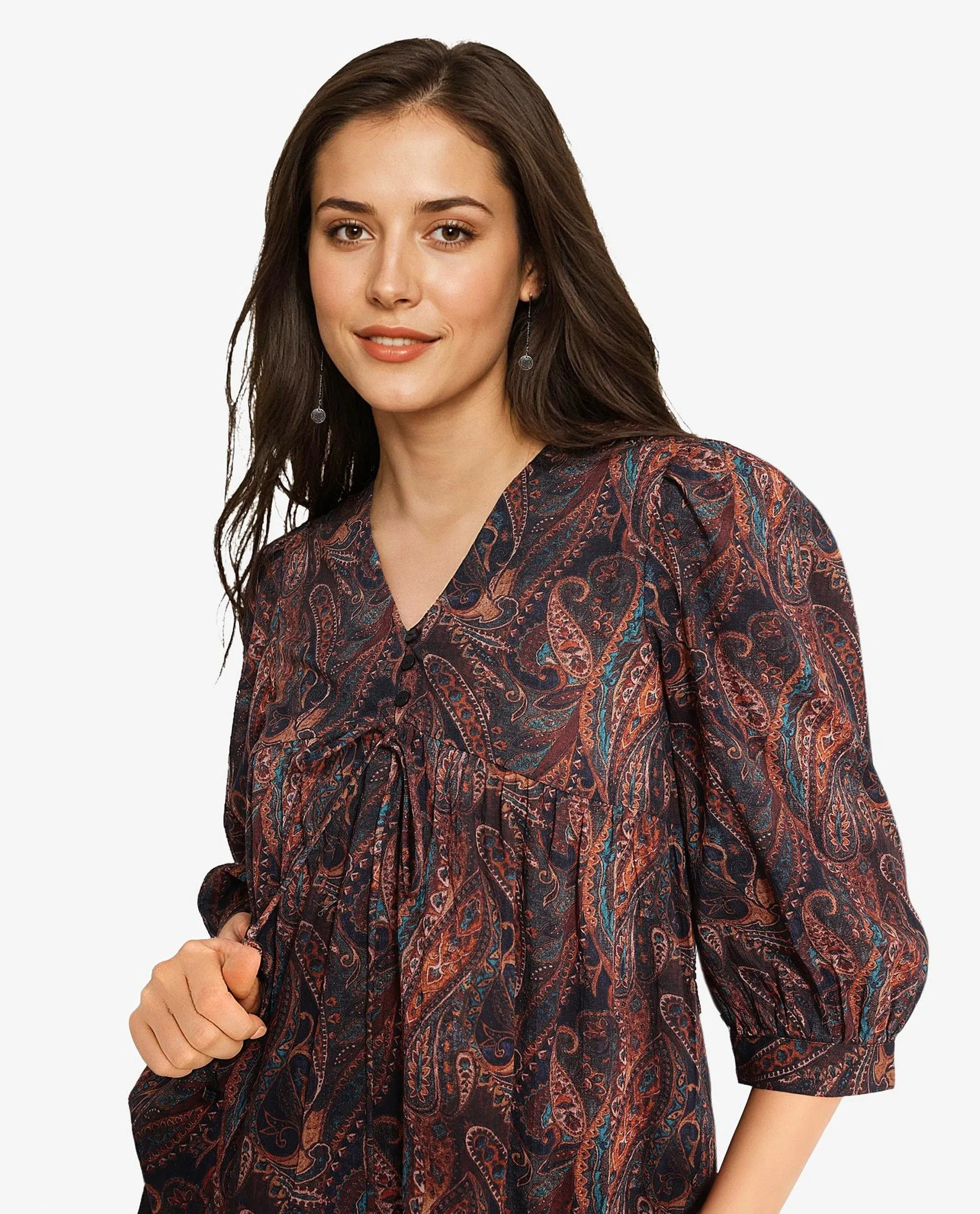 Rareism Women Cyak Multi Puff Sleeves V-Neck Button Paisley Print Top