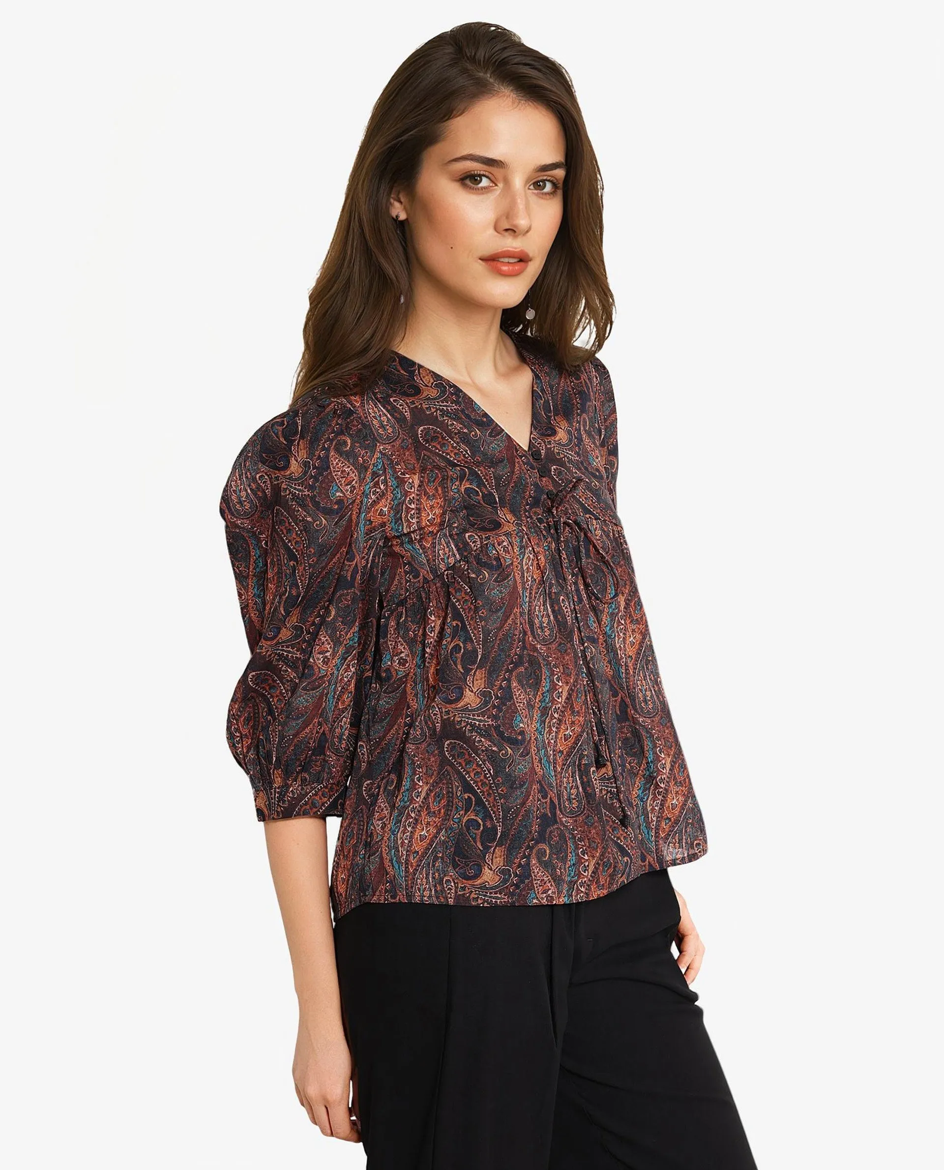 Rareism Women Cyak Multi Puff Sleeves V-Neck Button Paisley Print Top