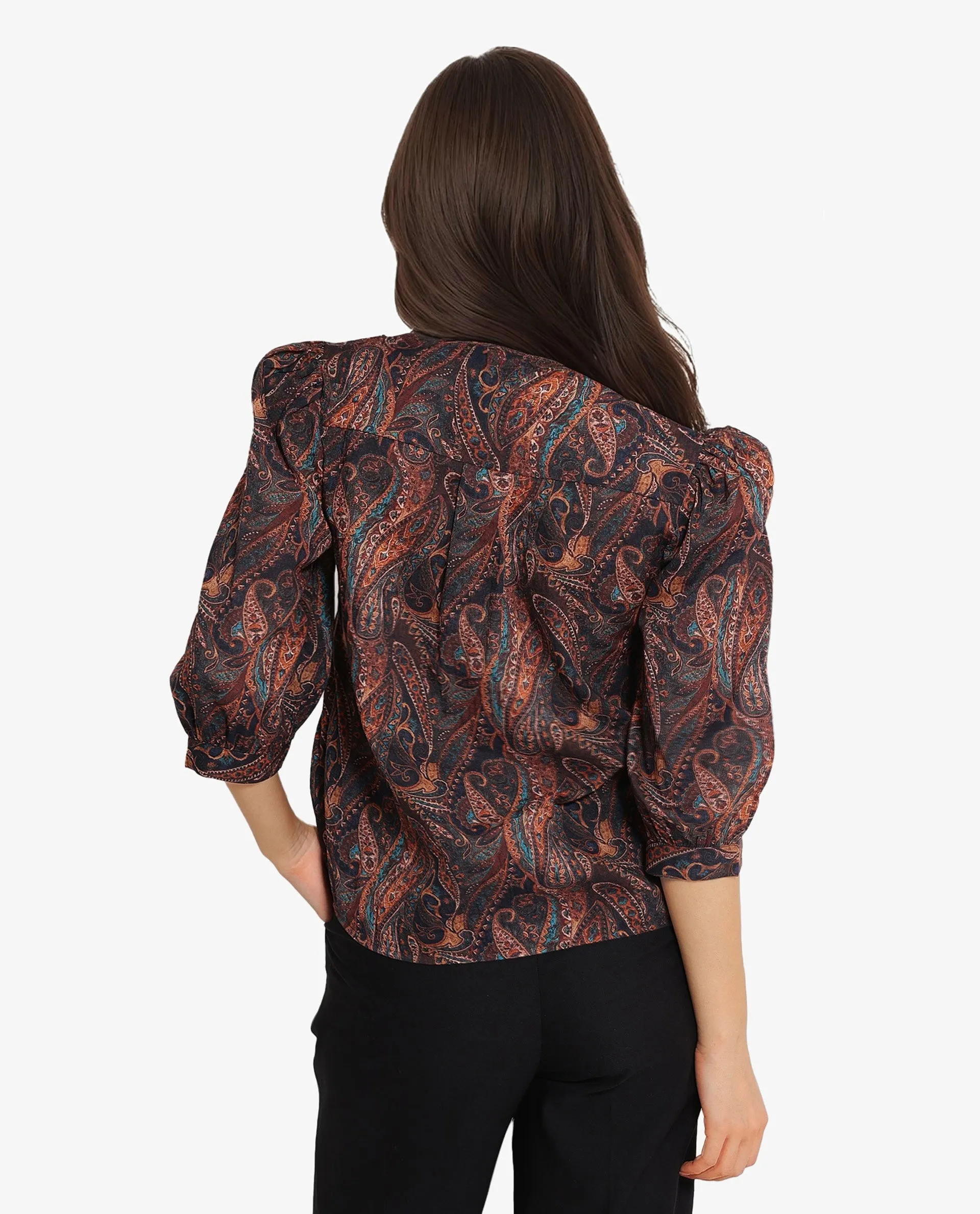 Rareism Women Cyak Multi Puff Sleeves V-Neck Button Paisley Print Top