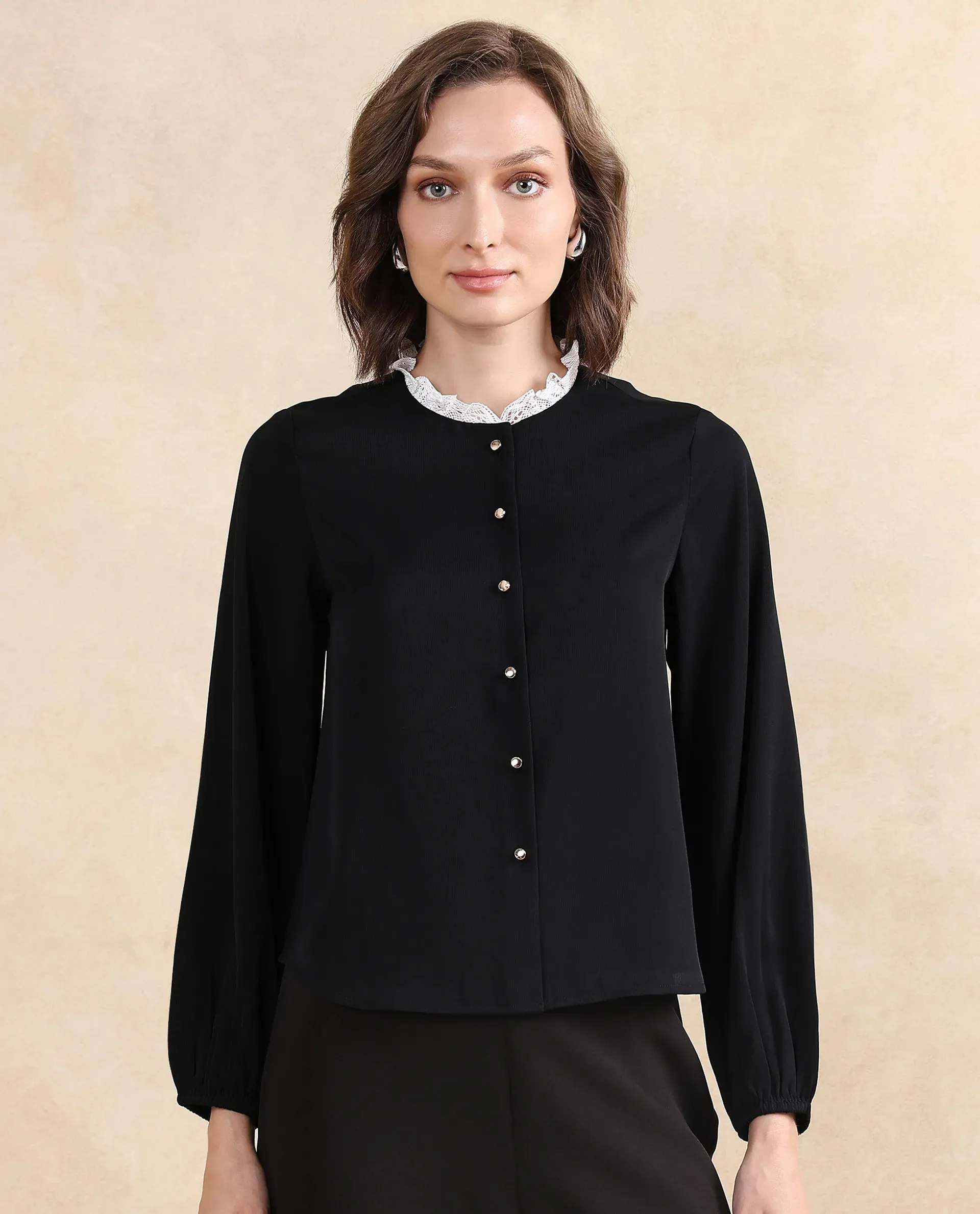 Rareism Women Ubik Black Bishop Sleeve Round Neck Button Closure Plain Top