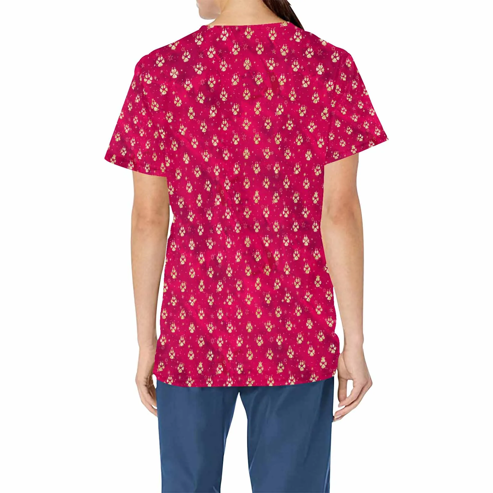 Red Dog Paws  Women's V Neck Scrub Top Nurse Uniform with Deep Front Pockets