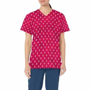 Red Dog Paws  Women's V Neck Scrub Top Nurse Uniform with Deep Front Pockets