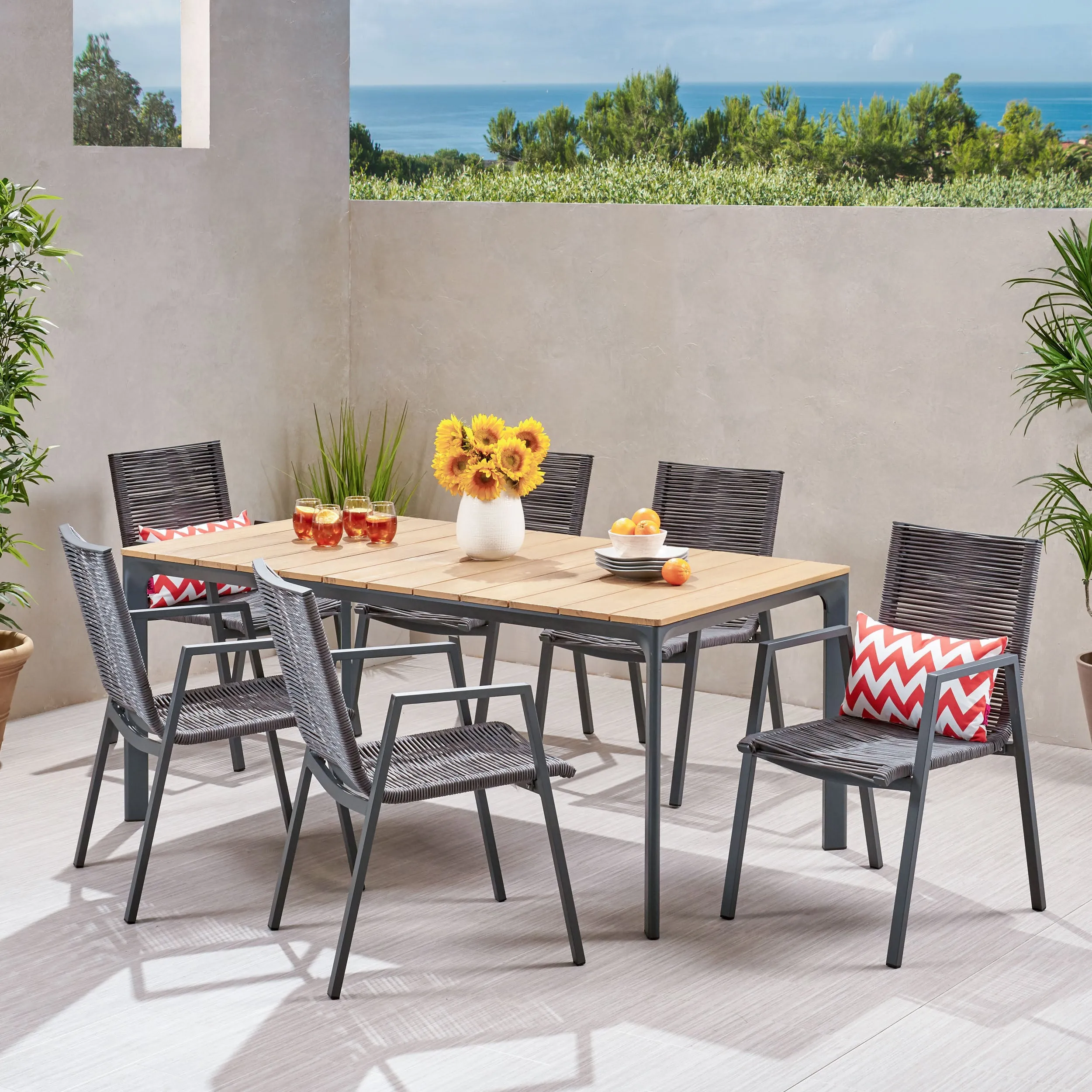 Severide Outdoor Modern 6 Seater Aluminum Dining Set with Eucalyptus Table Top