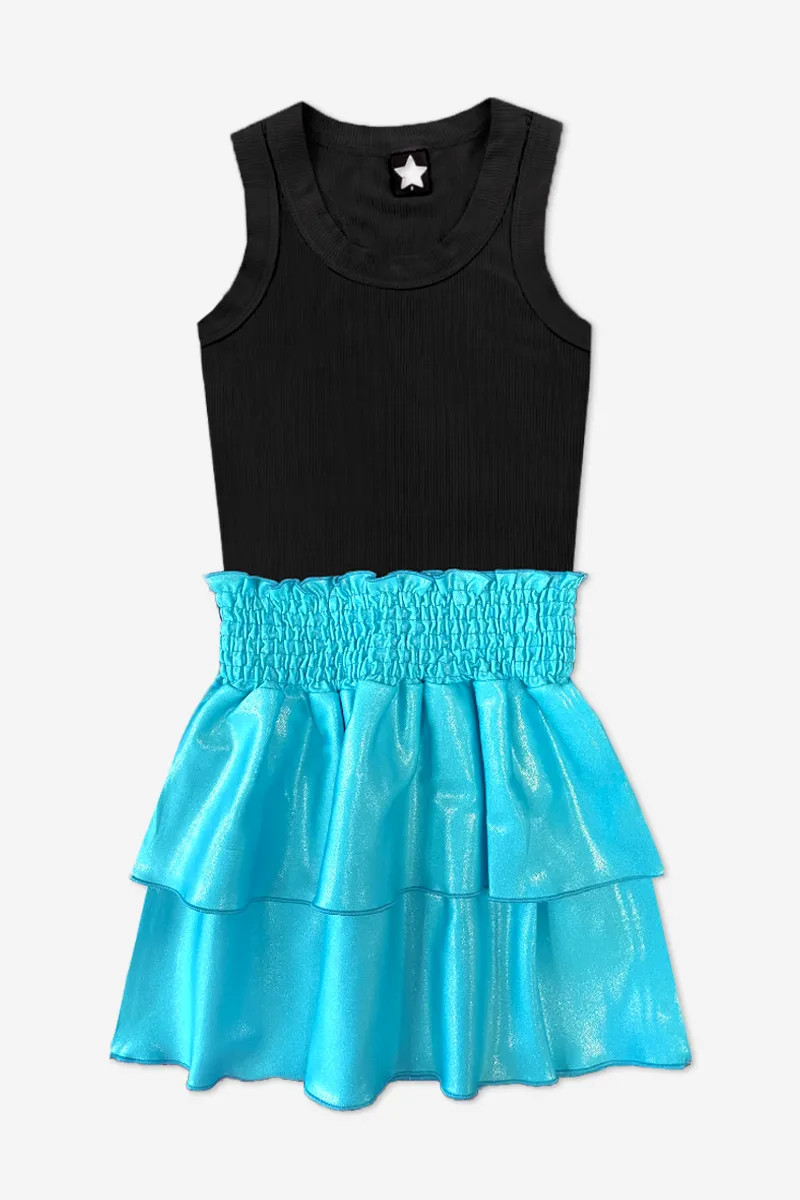 Sleeveless Ribbed Racerback Smocked Skirt Dress - Azure Dream Glitter