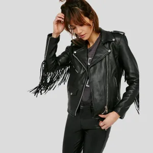 Sloane Black Biker Leather Jacket Tassels