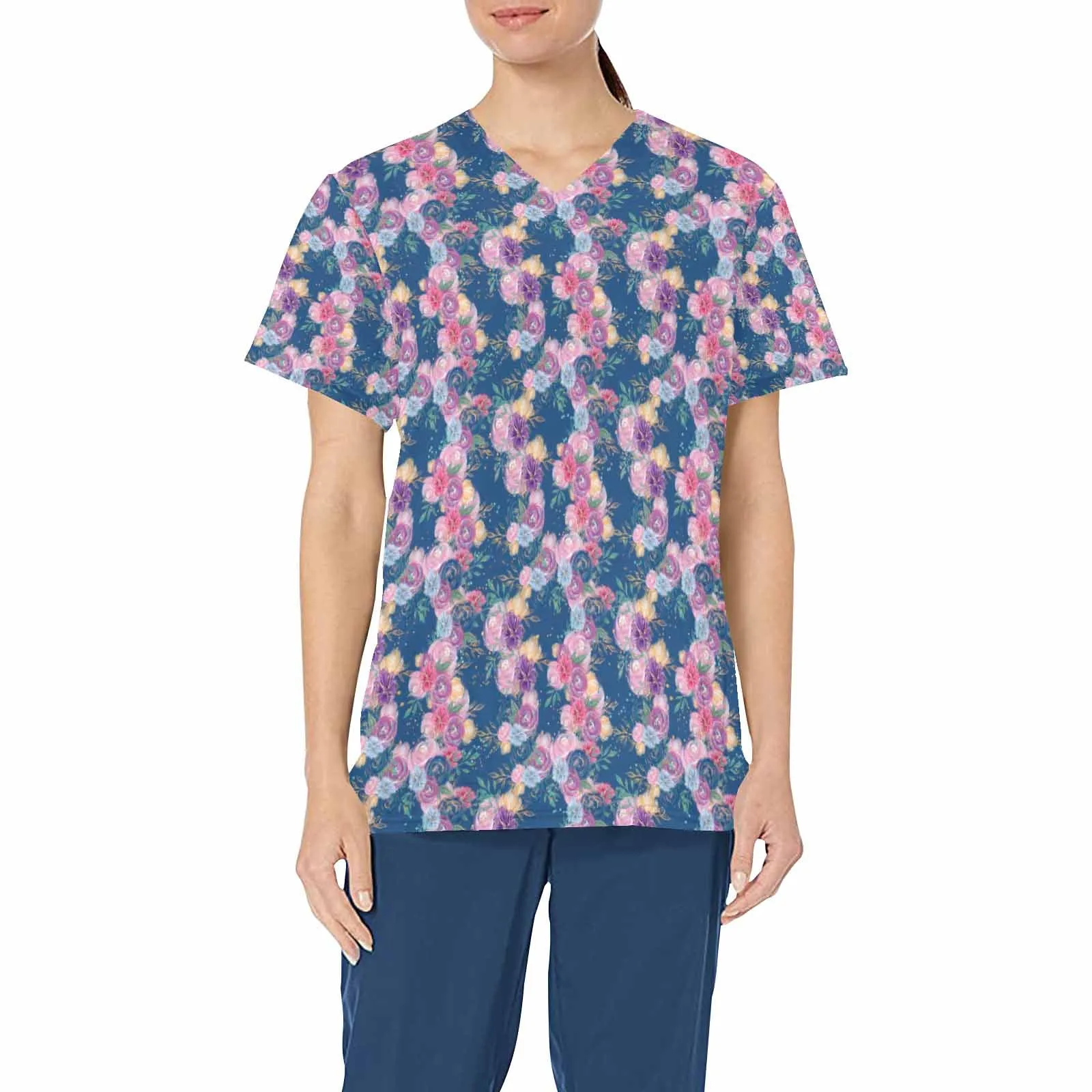 Teal Roses  Women's V Neck Scrub Top Nurse Uniform with Deep Front Pockets