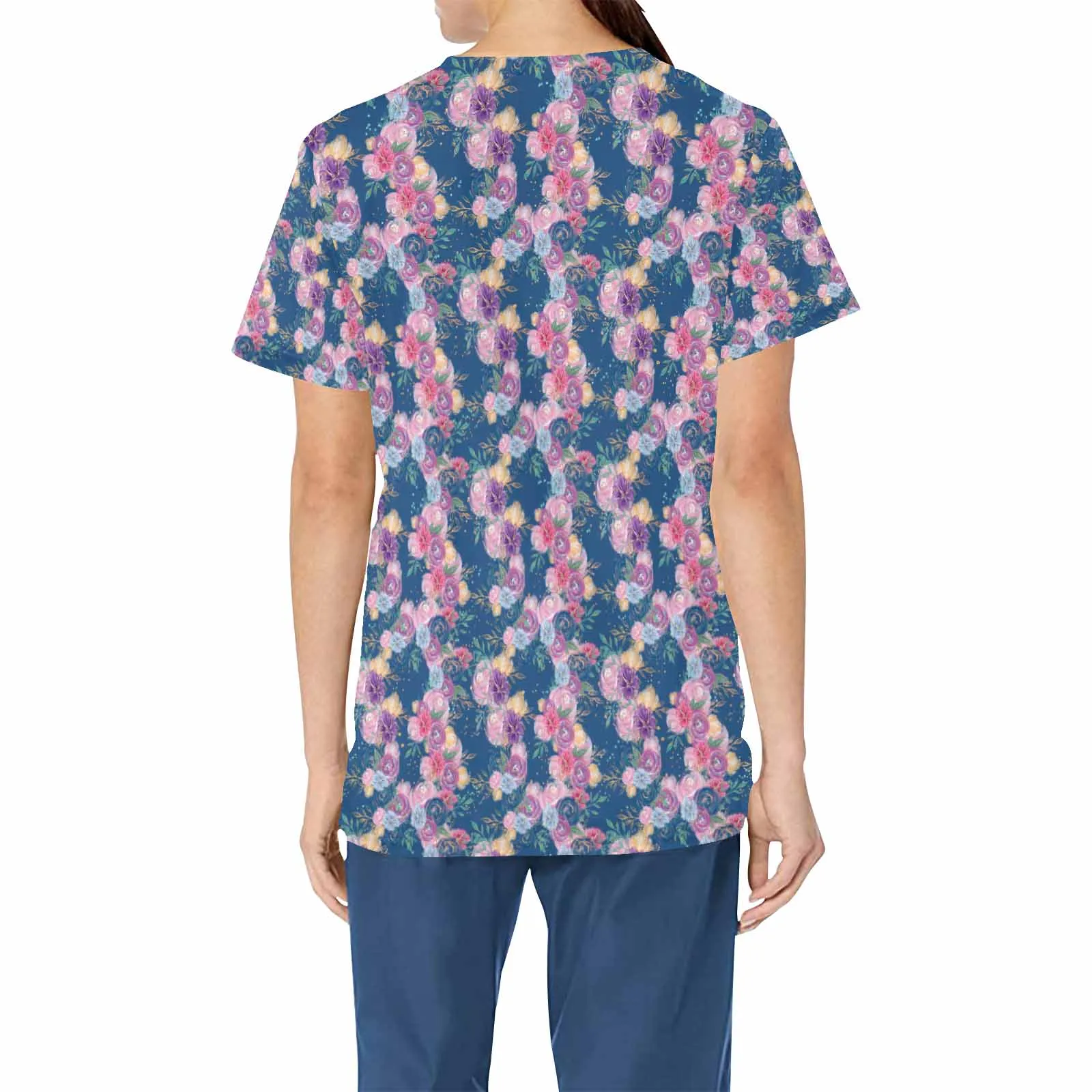 Teal Roses  Women's V Neck Scrub Top Nurse Uniform with Deep Front Pockets