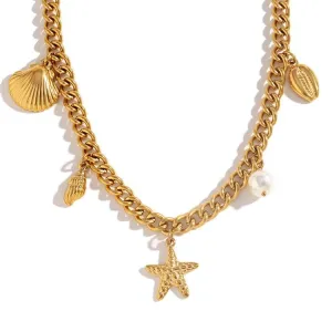 Trendy Gold Charm Bracelet with Seashell and Starfish Pendants – Link Chain for Women