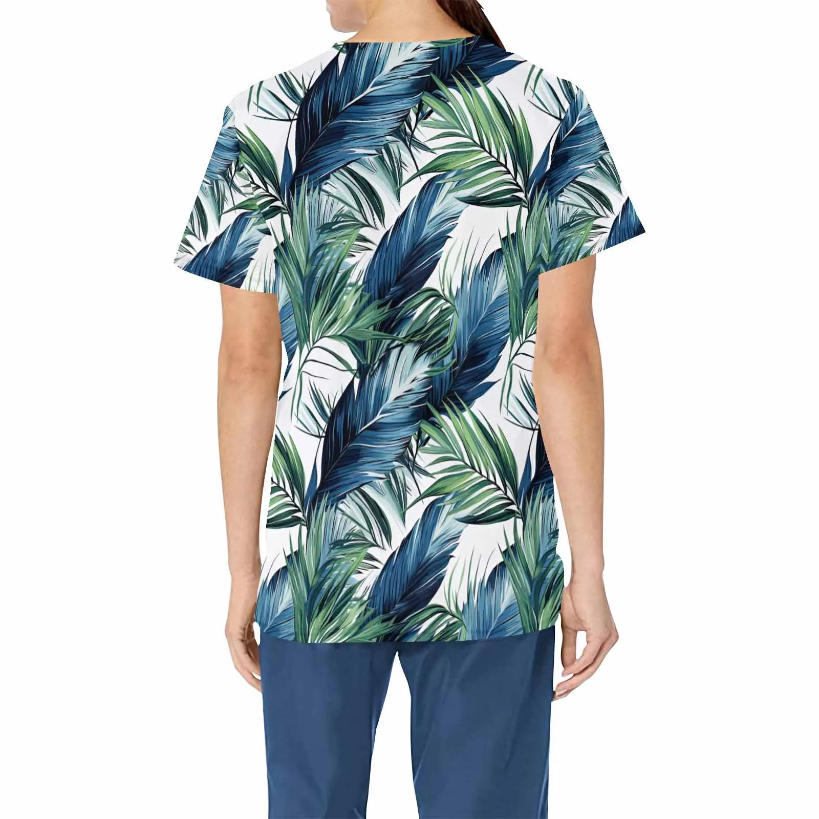 Tropical Leaves Blue and Green   Women's V Neck Scrub Top Nurse Uniform with Deep Front Pockets