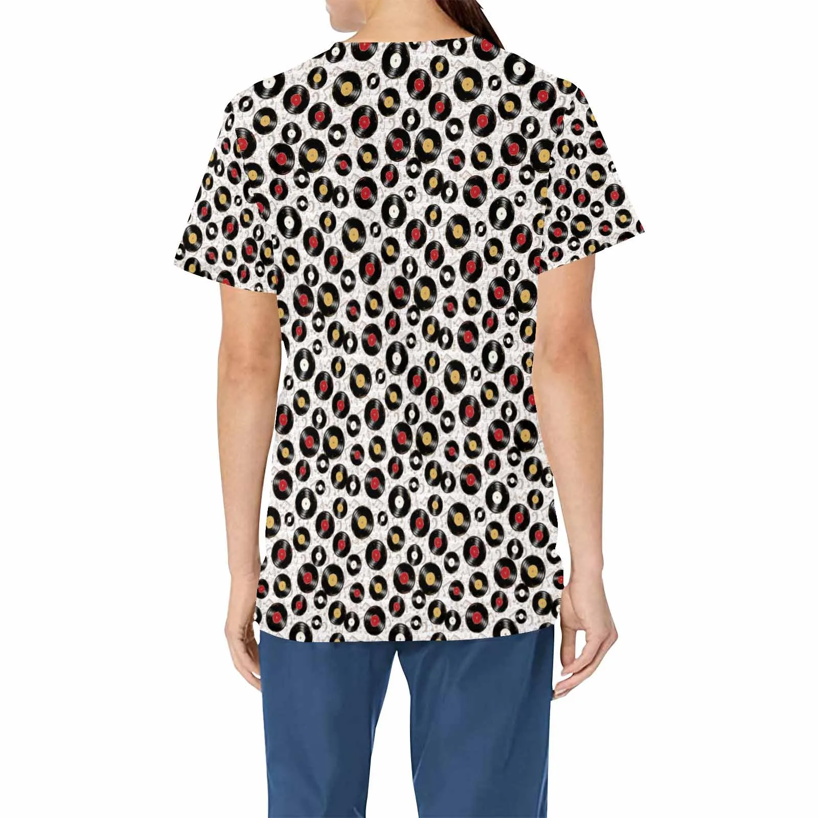 White Music Records  Women's V Neck Scrub Top Nurse Uniform with Deep Front Pockets