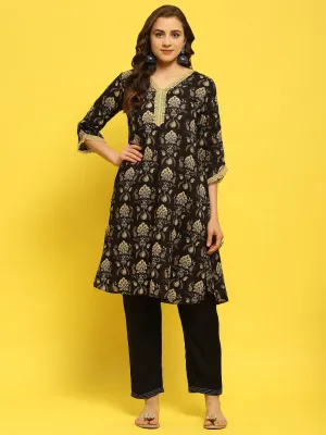 Women Cotton Black Floral Print Kurta With Trouser