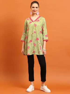 Women Green V-Neck Printed Tunic