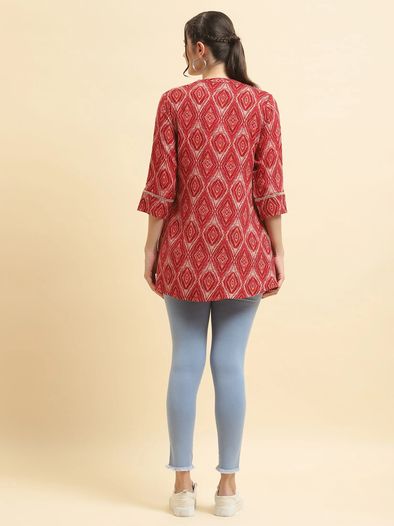 Women Liva Rayon Red Geometric Print Tunic