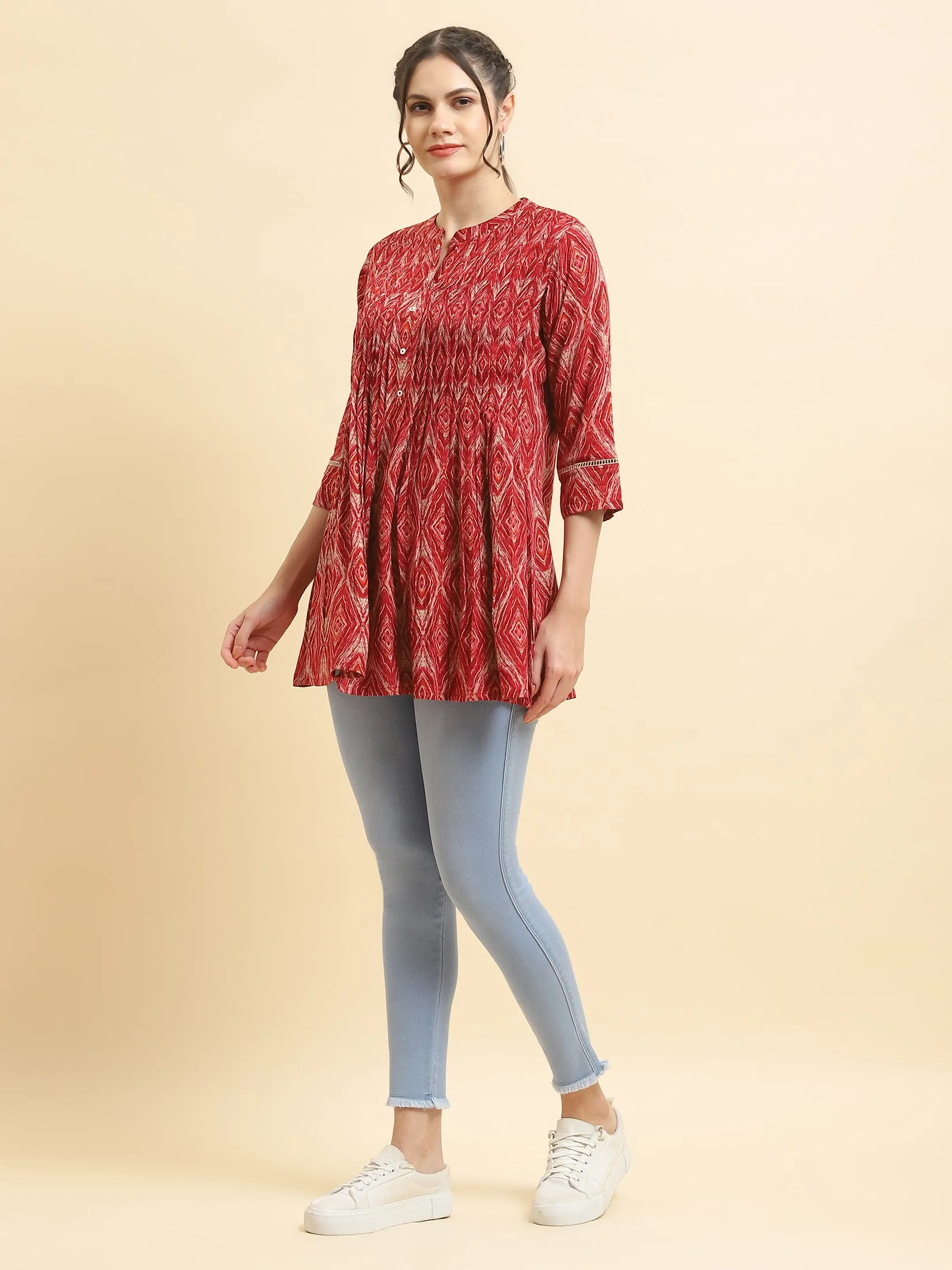 Women Liva Rayon Red Geometric Print Tunic