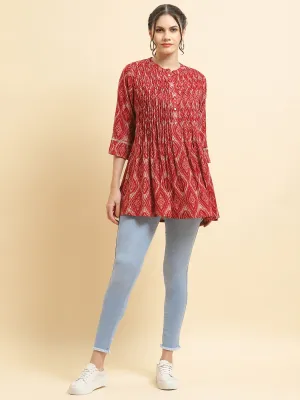 Women Liva Rayon Red Geometric Print Tunic