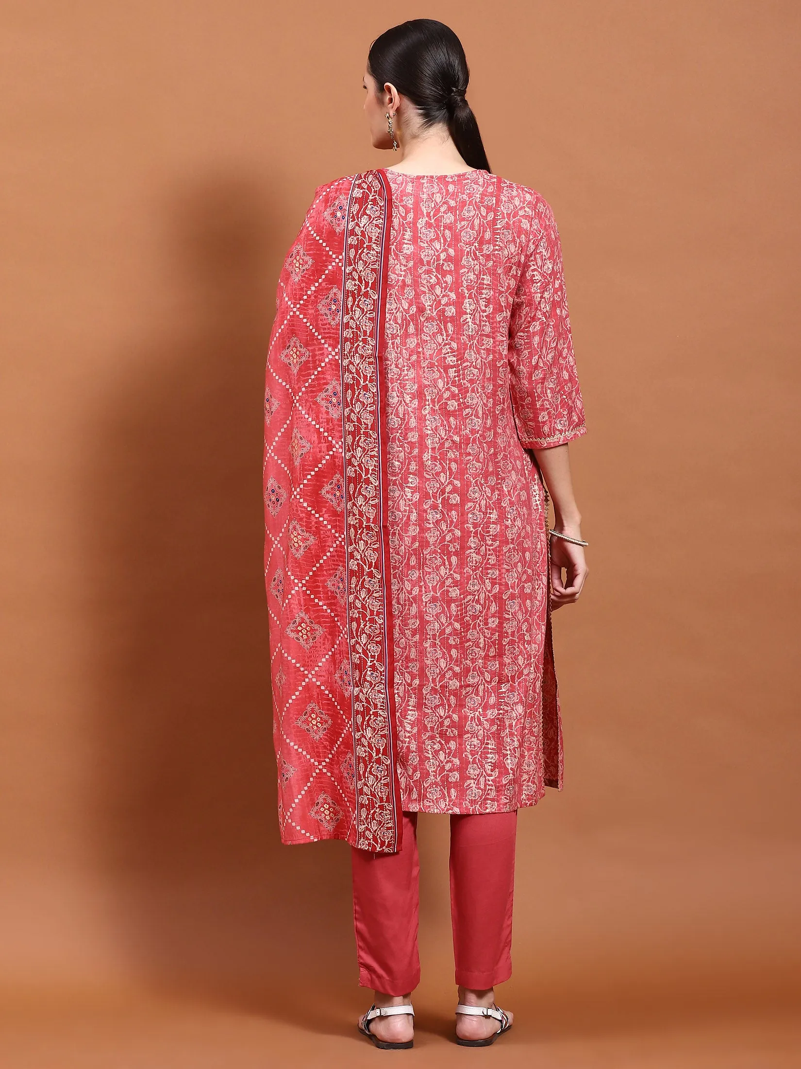 Women Pink Aztec Print Kurta Trouser Dupatta