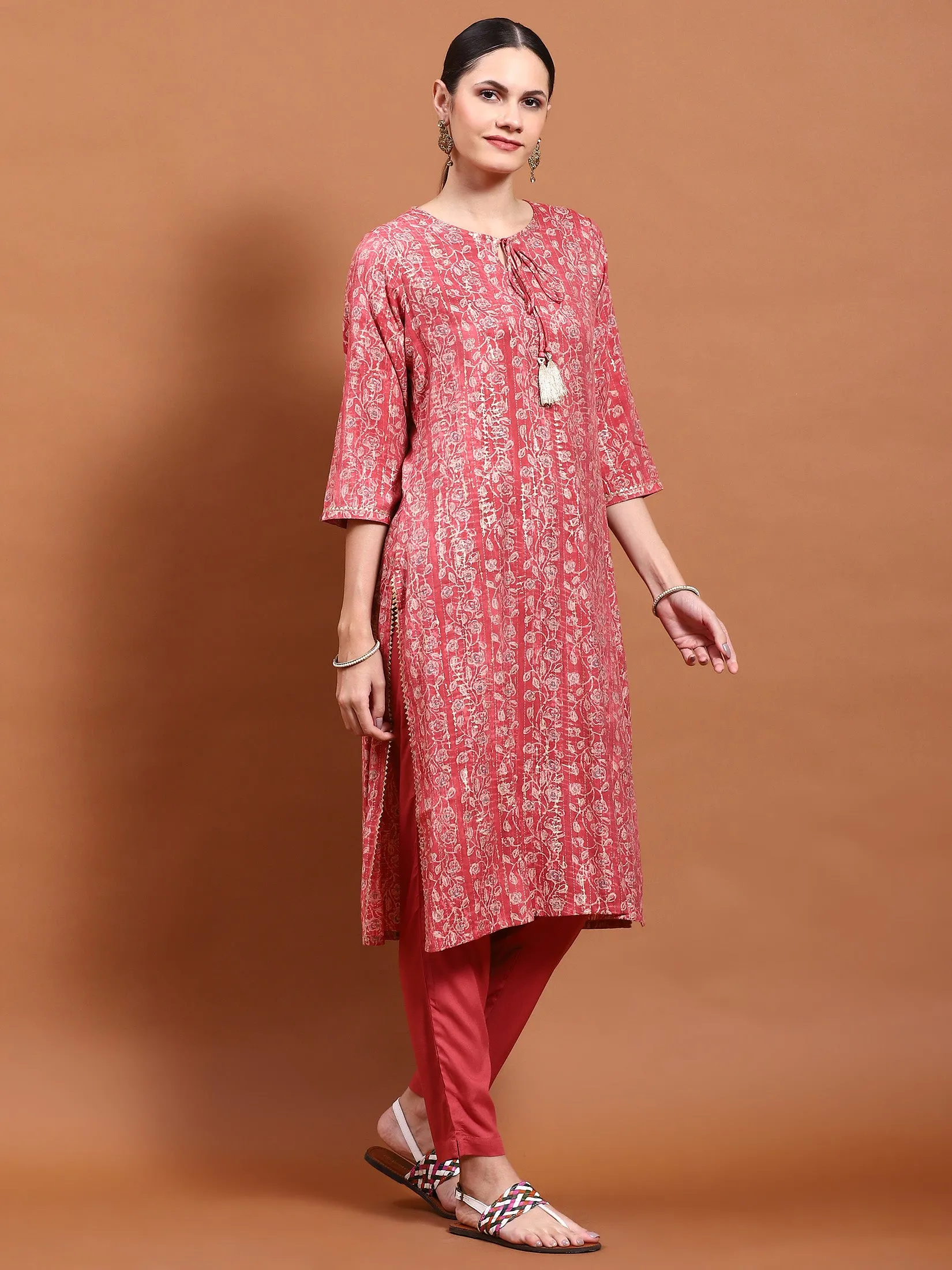 Women Pink Aztec Print Kurta Trouser Dupatta