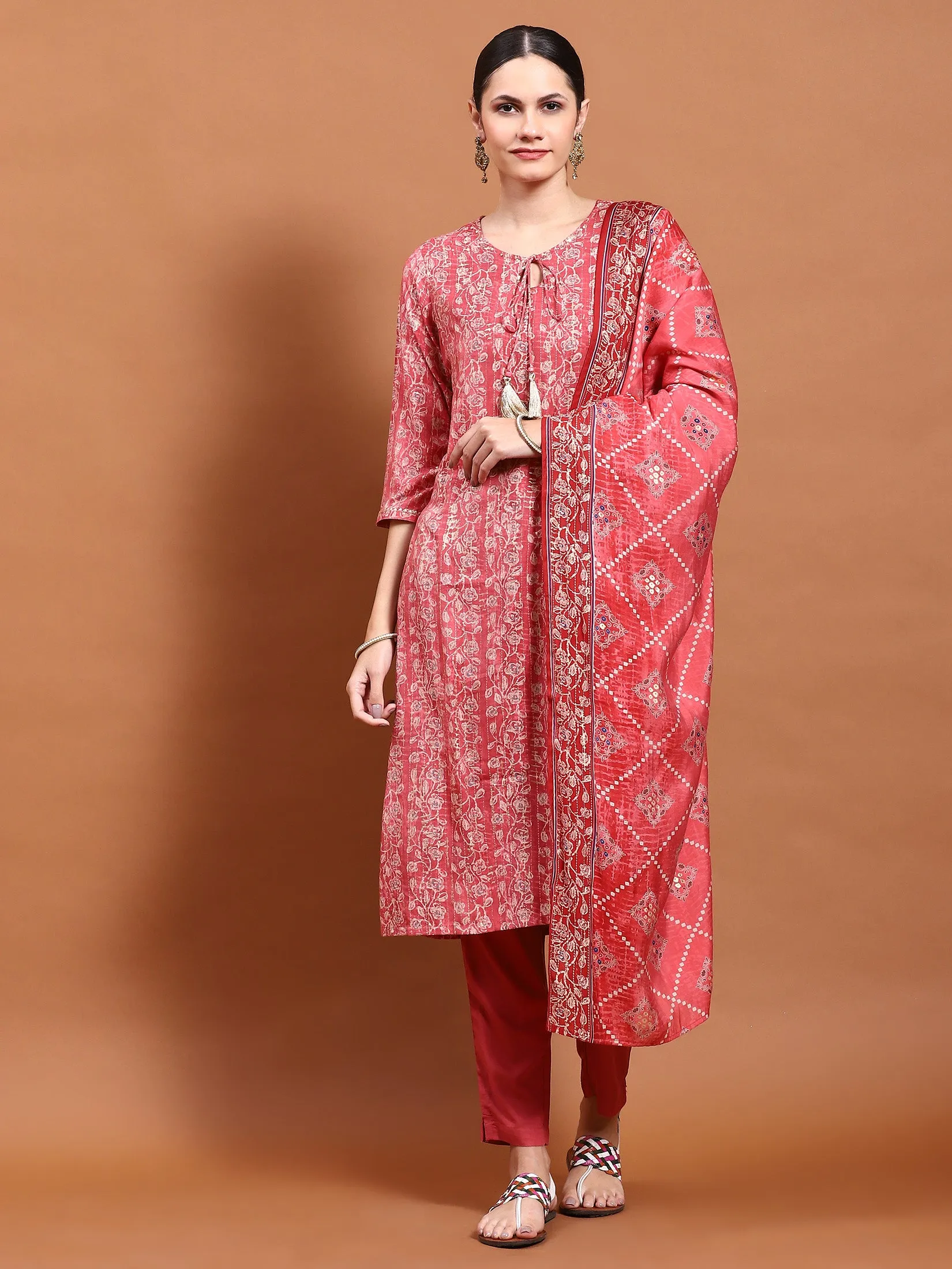 Women Pink Aztec Print Kurta Trouser Dupatta