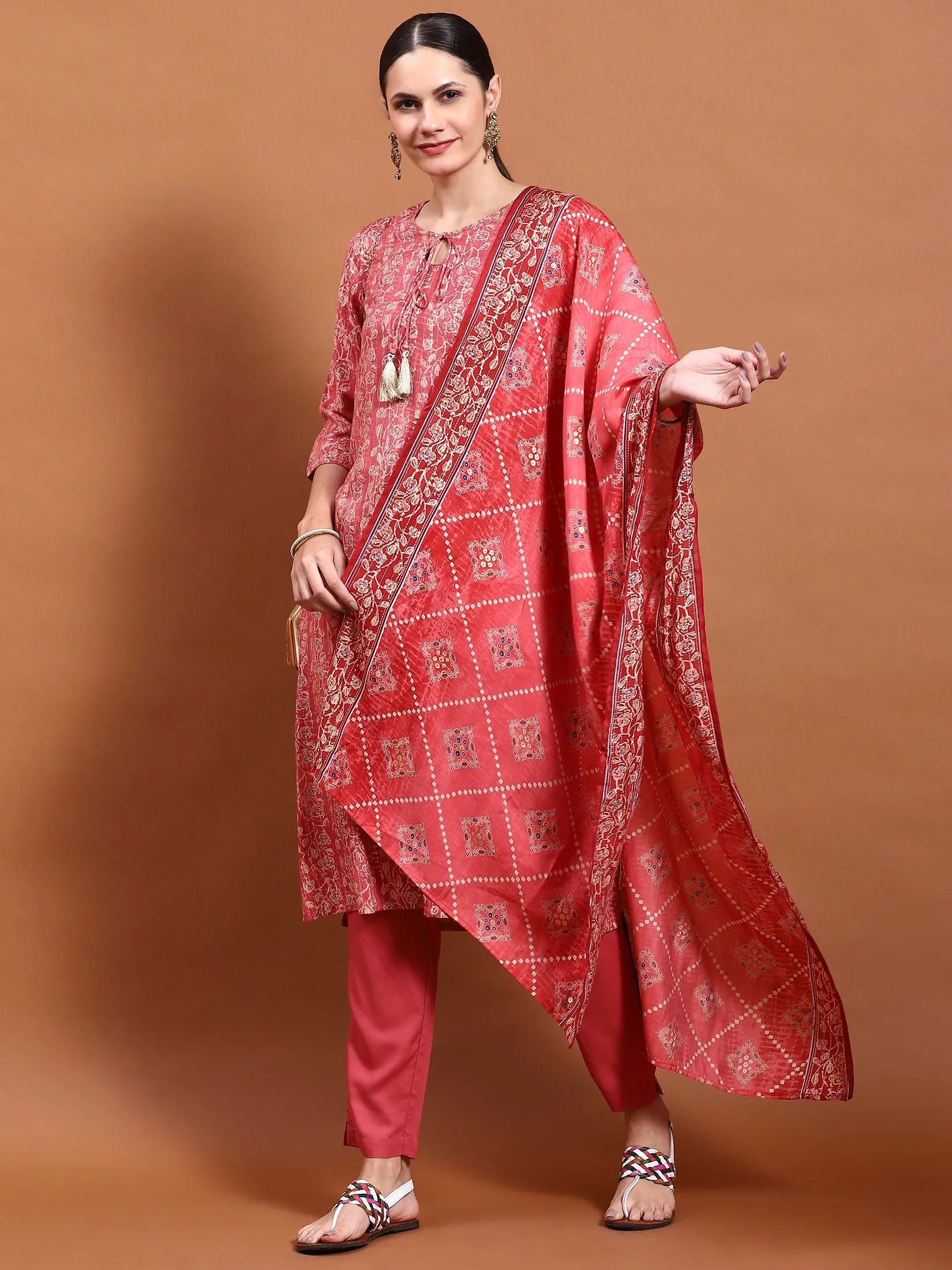 Women Pink Aztec Print Kurta Trouser Dupatta