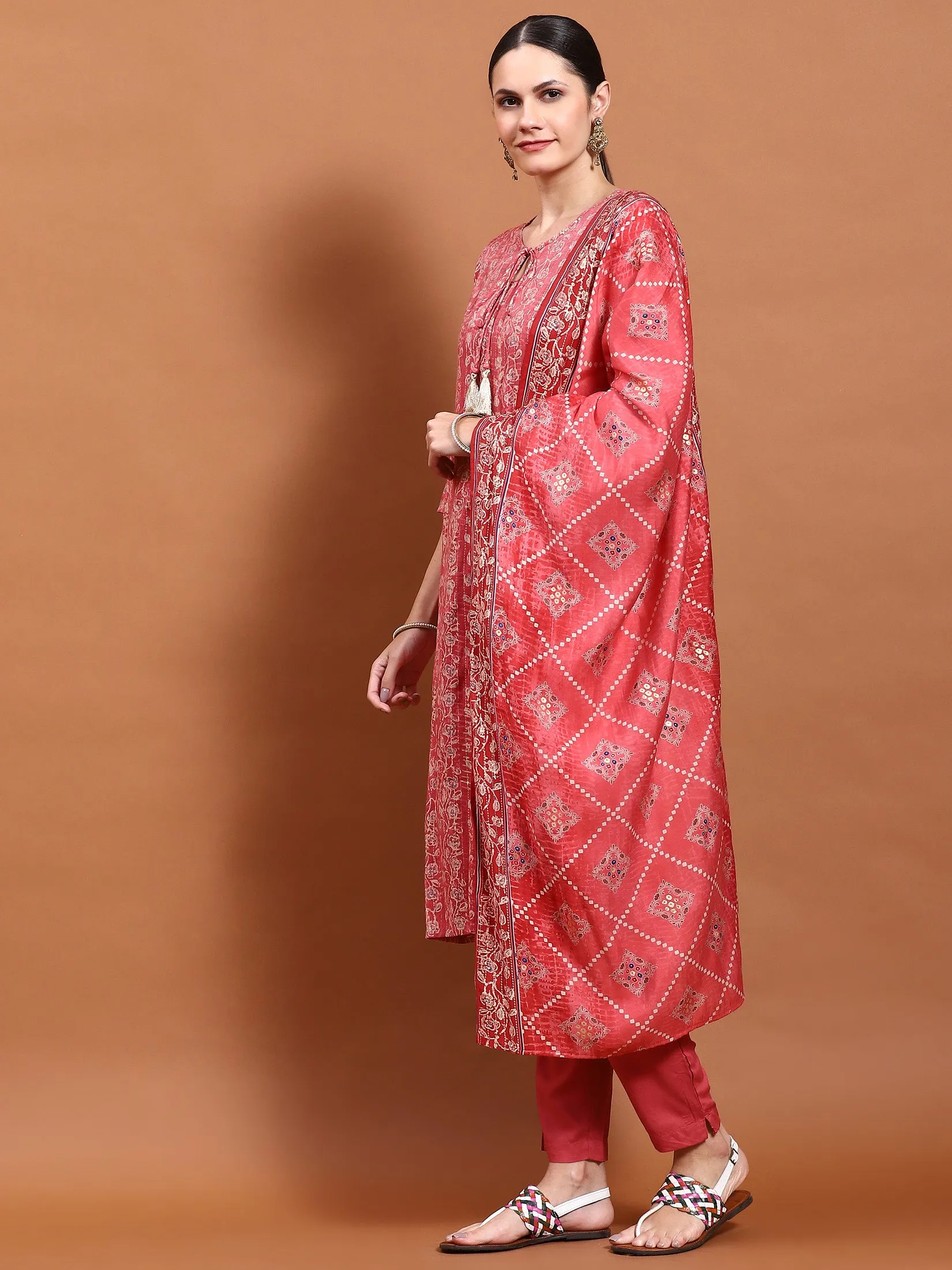 Women Pink Aztec Print Kurta Trouser Dupatta