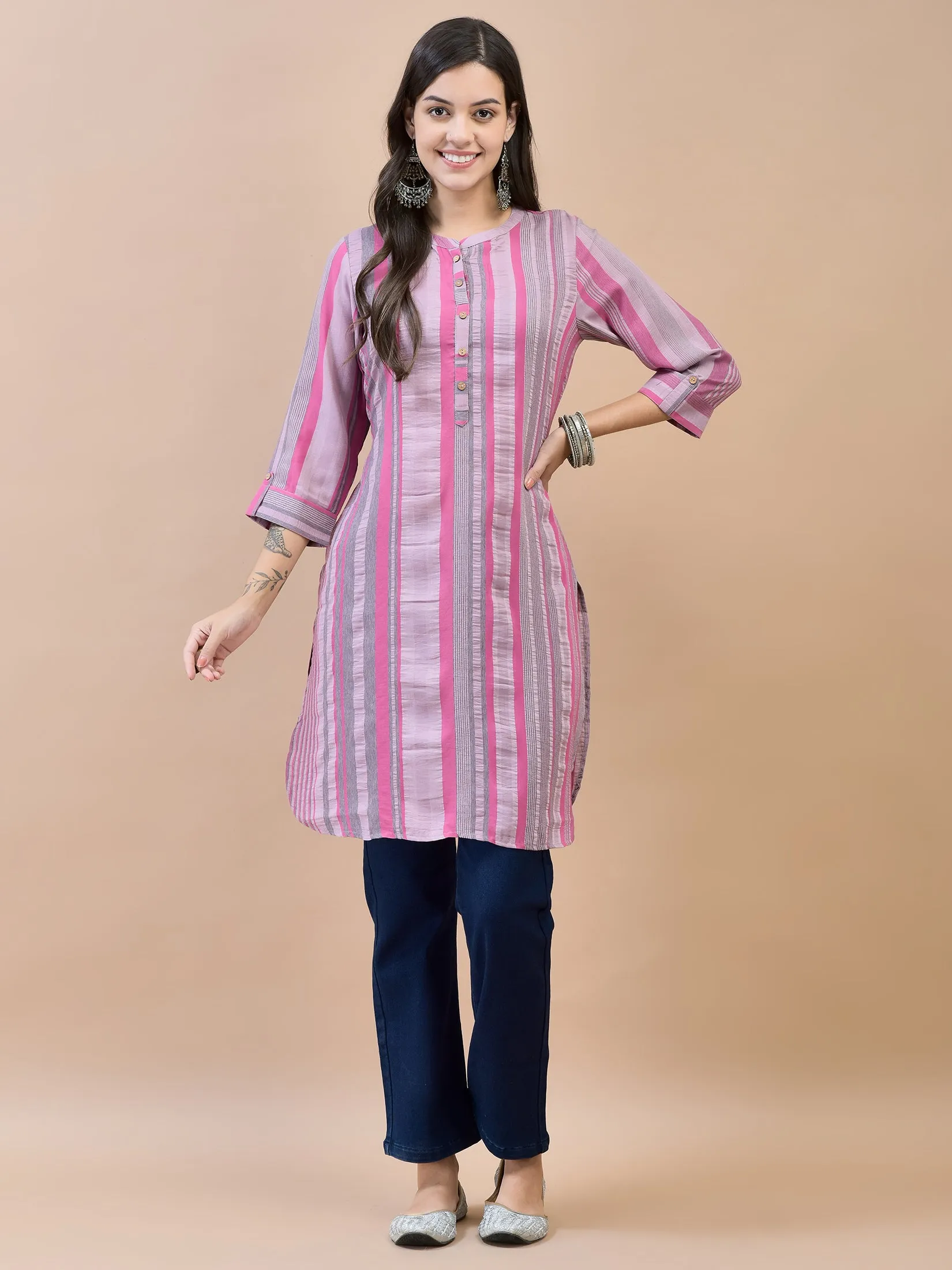 Women Poly Viscose Pink Stripe Print Kurti