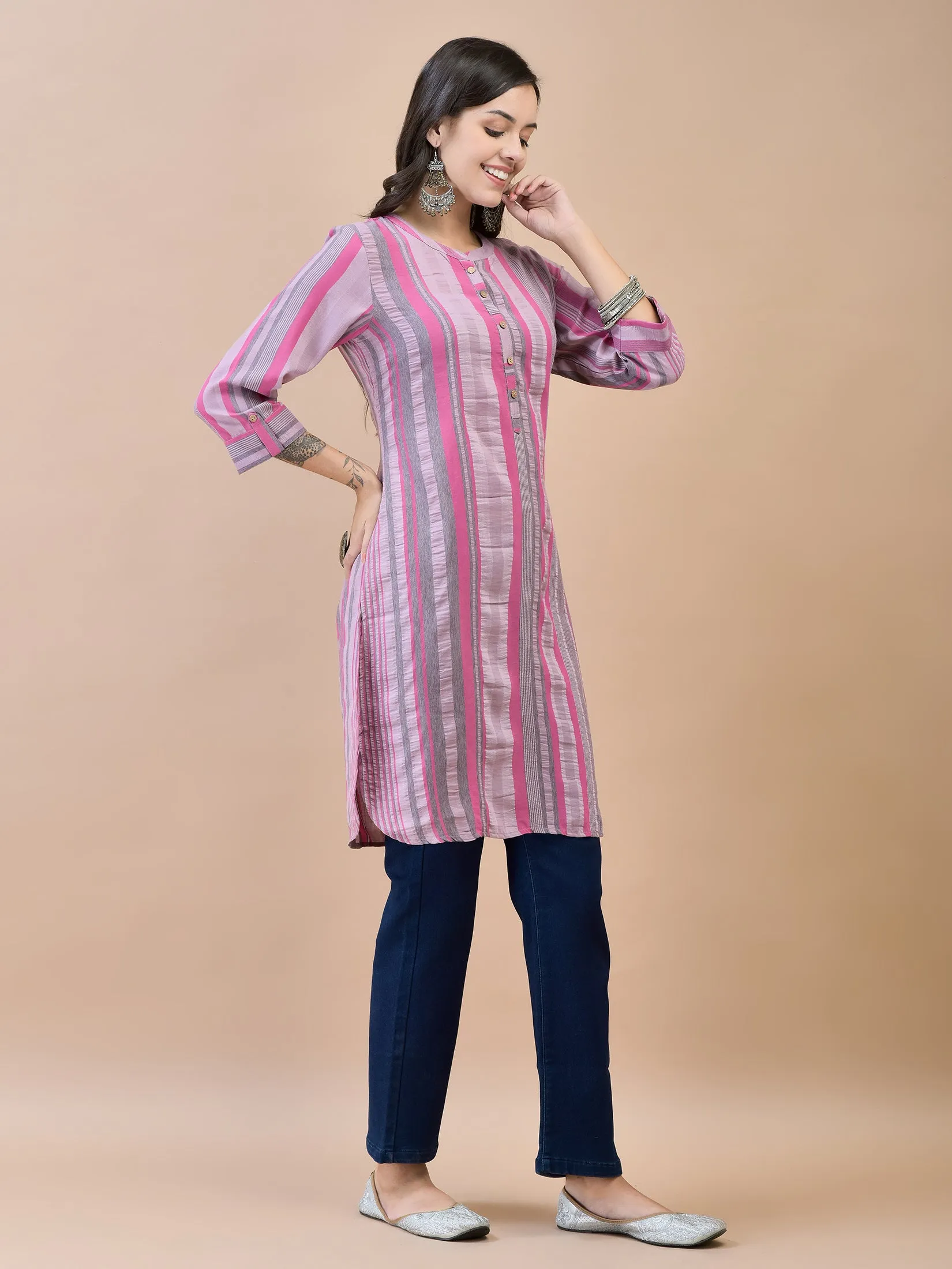 Women Poly Viscose Pink Stripe Print Kurti