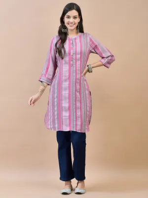 Women Poly Viscose Pink Stripe Print Kurti