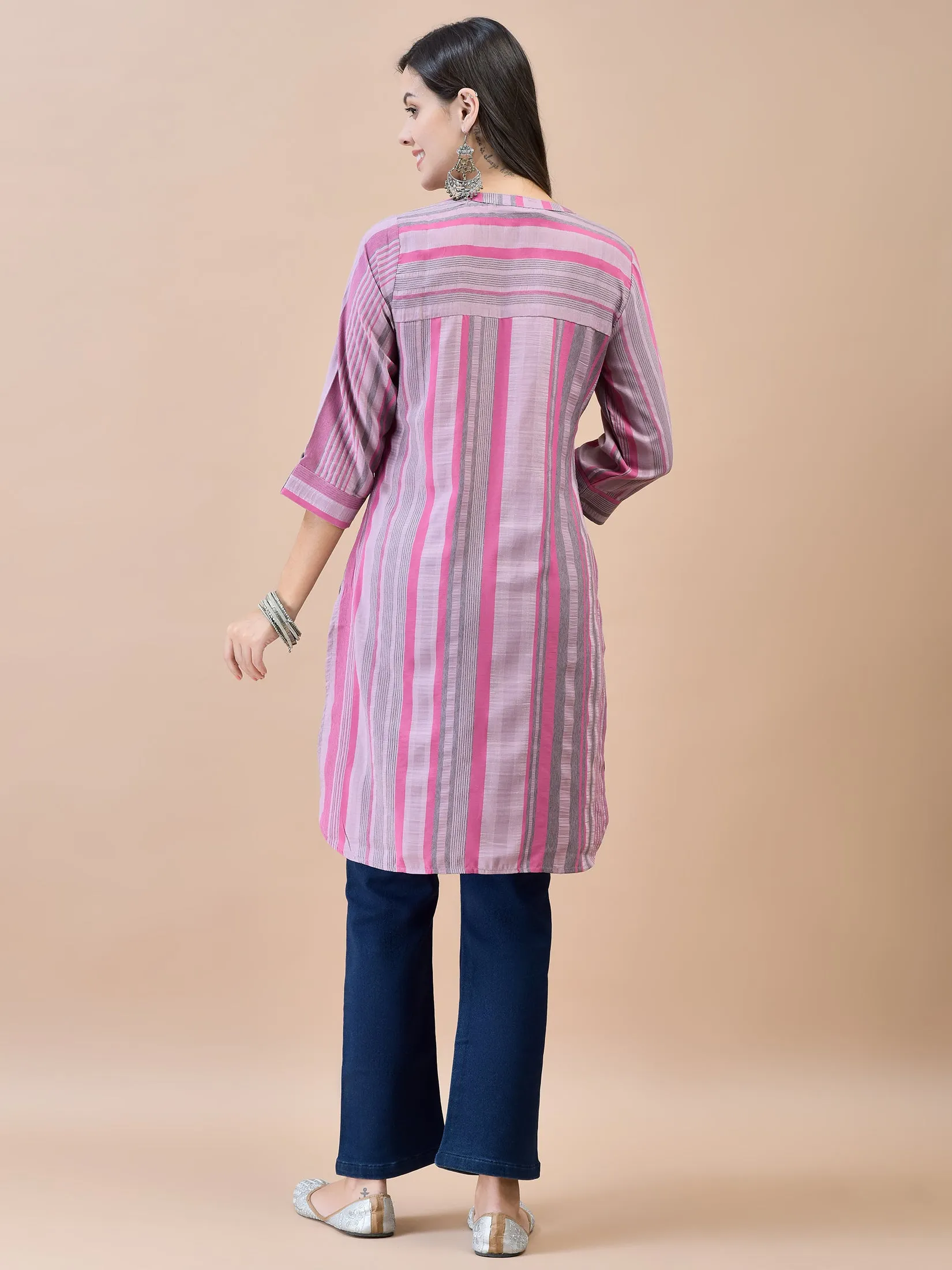 Women Poly Viscose Pink Stripe Print Kurti