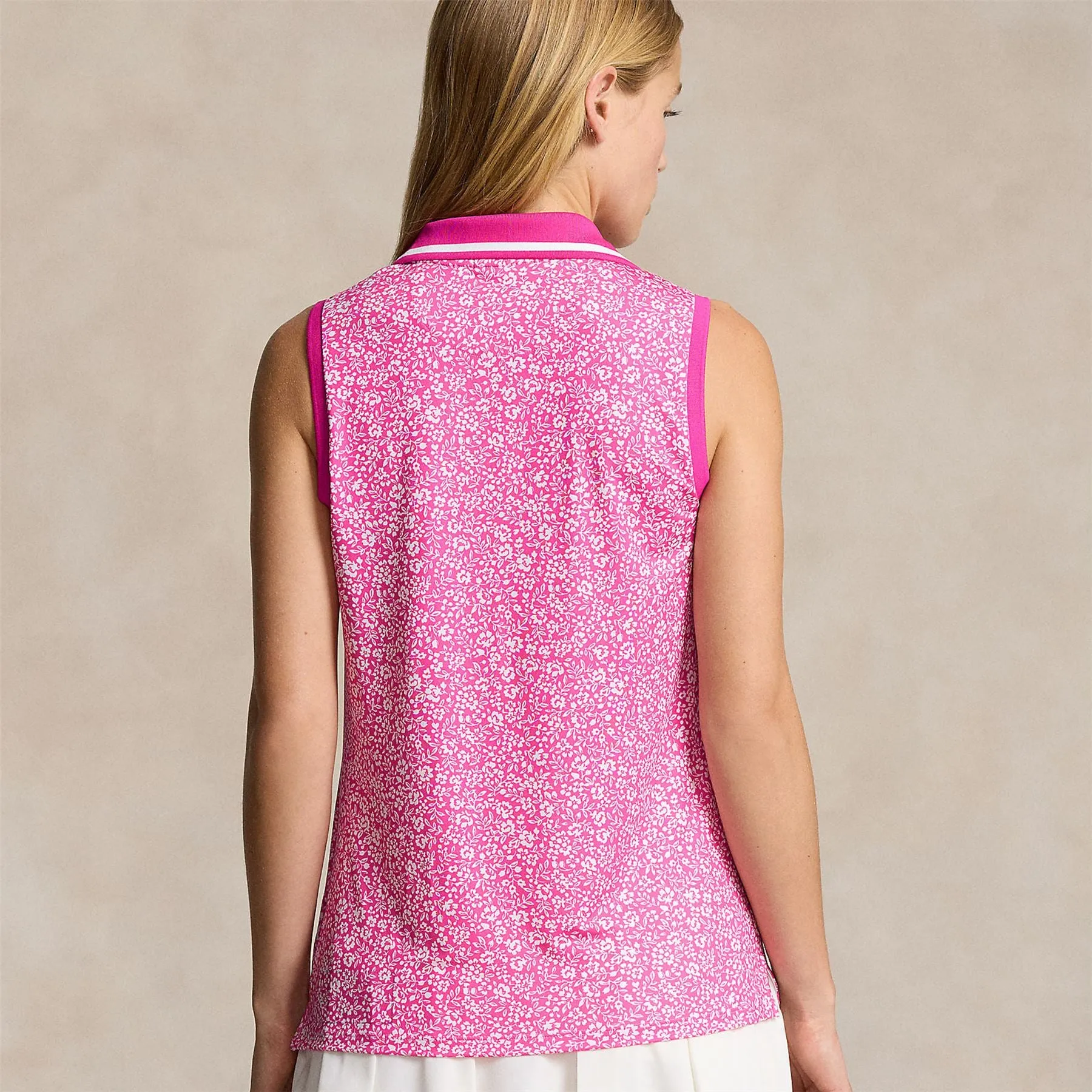 Womens Sleeveless Print Polo Shirt-Floral Meadow/Bright Pink - SS24